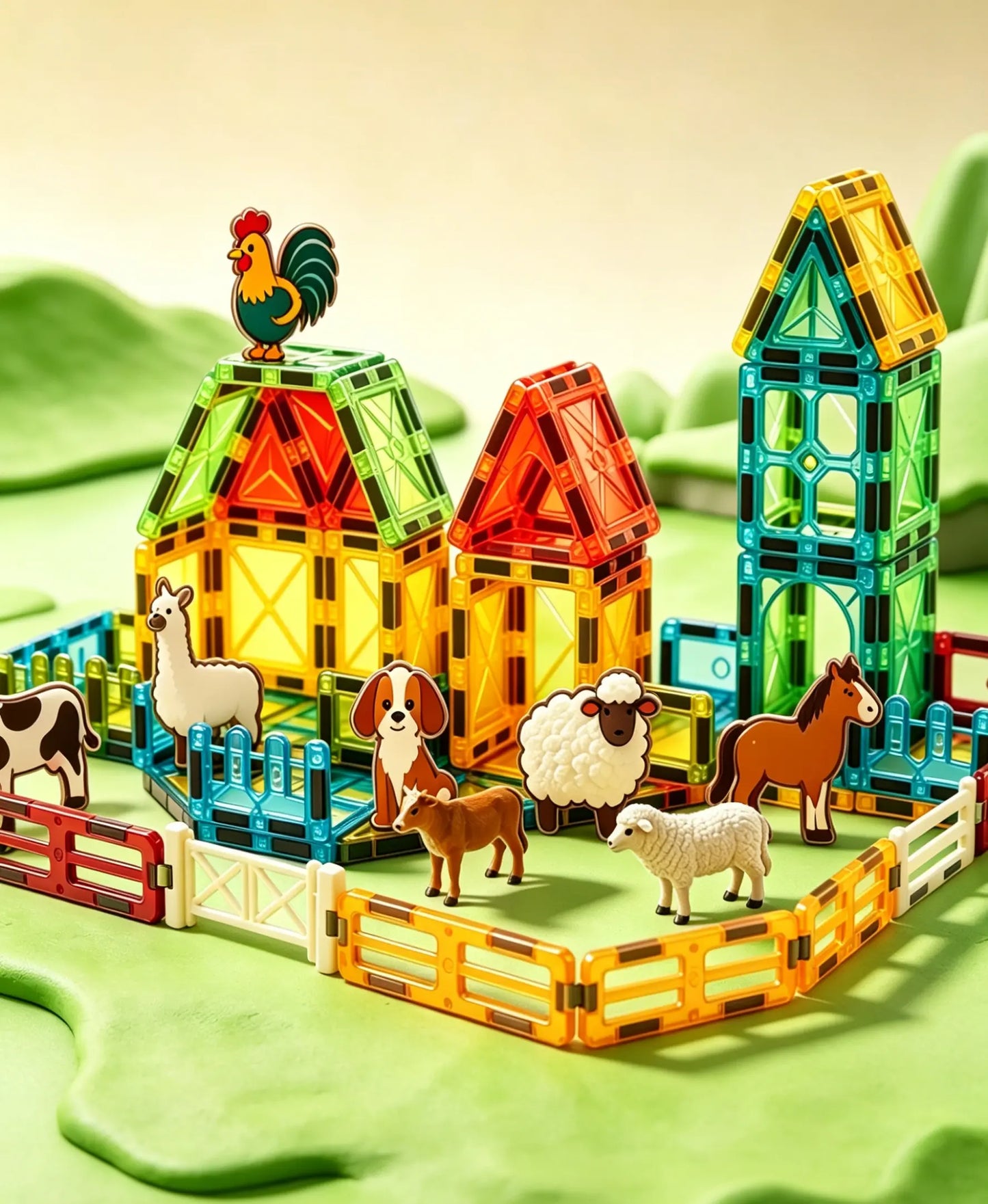 Mini Magnetic Tiles Farm Set, 70 37PCS Magnetic Building Blocks with Farm Animals & Wheelbarrow - STEM Educational Building Toys for Kids 3＋, Creative Construction Play for Toddlers, Perfect Birthday & Holiday Gift