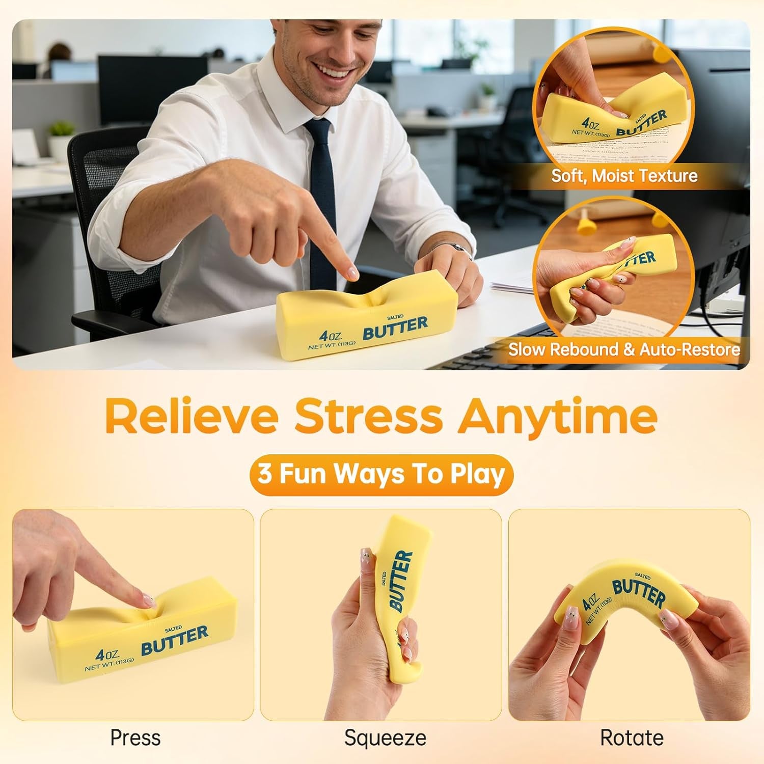 Butter Squishy Fidget Toys Slow Rising Stress Relief Toy - Realistic Butter Stick Squeeze, Soft PU Foam Fidget for Anxiety & Sensory Relief, Cute Desk Decor for Kids, School