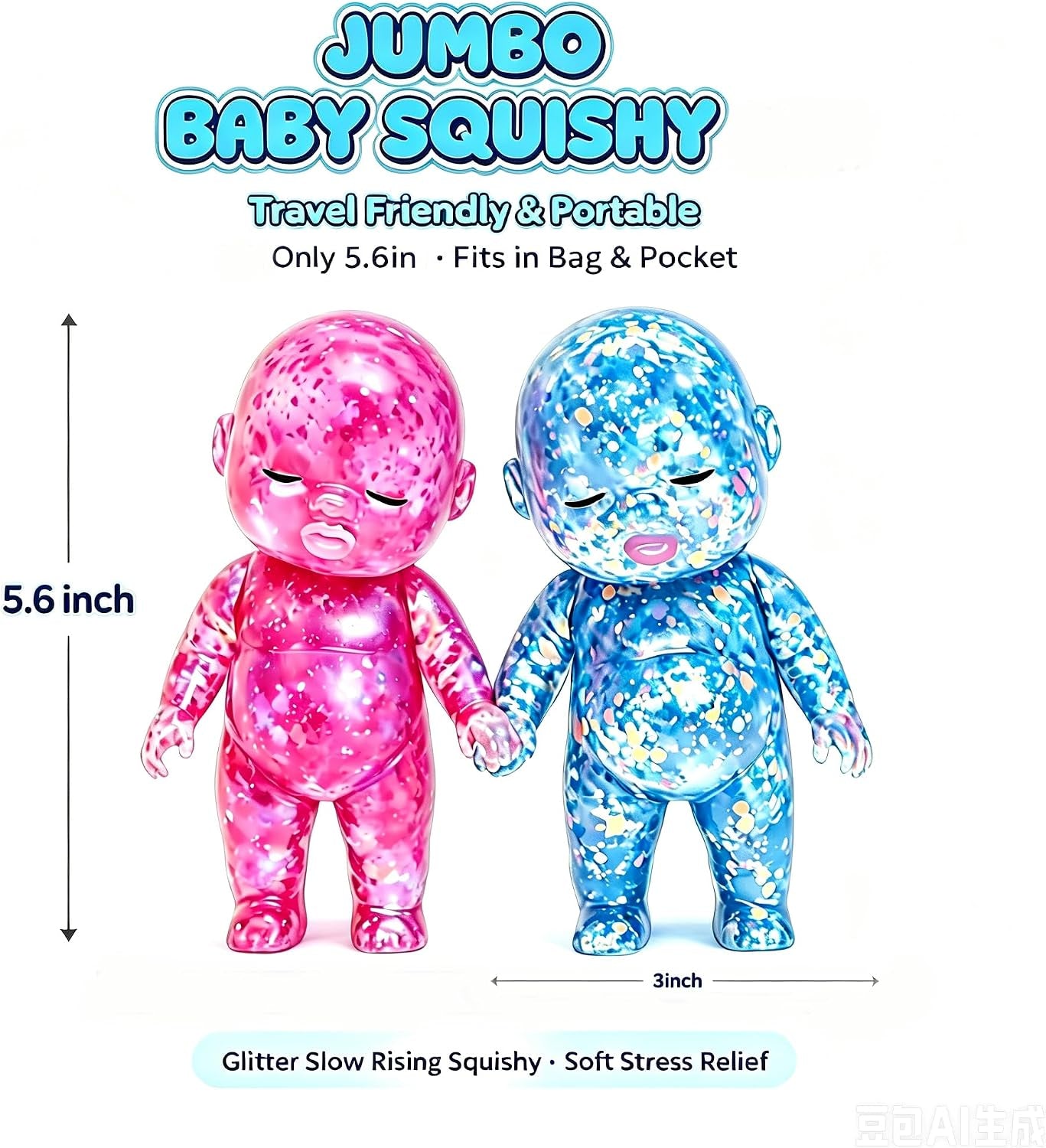 3PCS Baby Squishy Glitter Slow Rising 5.6X3In, Squishy Babies Sensory Fidget for Stress Relief, Soft Cute Squeeze Toys for Office Desk, Car Cup Holder & Travel Bag, Adults Party Gift