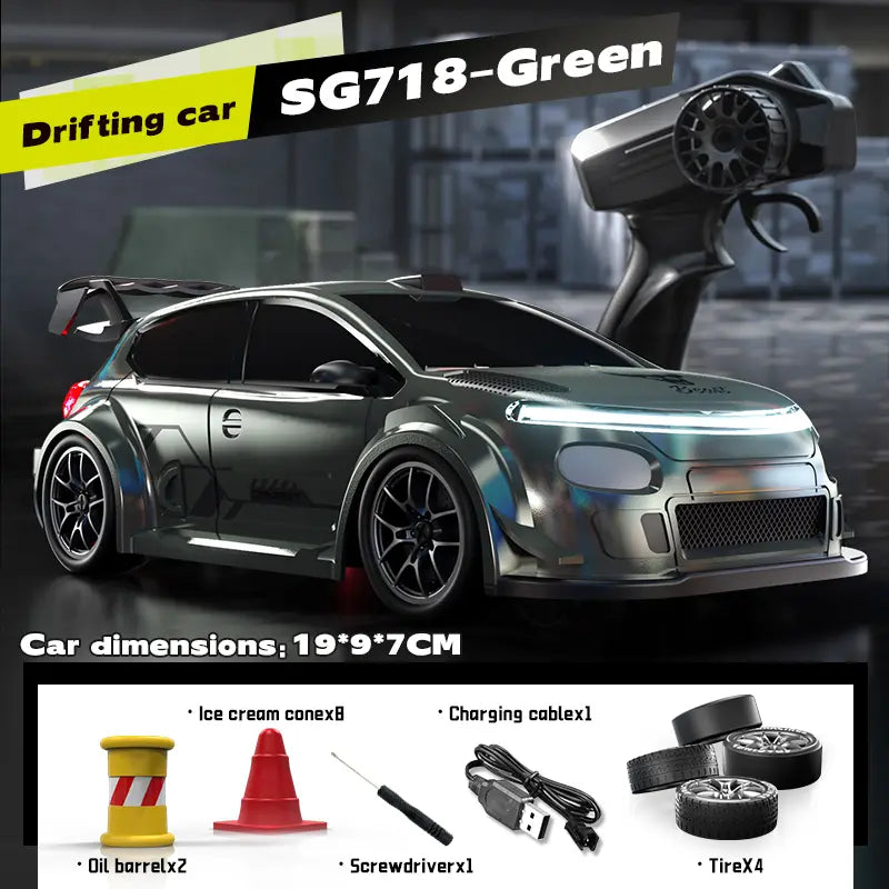 SG716 Unisex 2.4Ghz 4WD Remote Control Drift Car Toy - Adjustable Speed, LED Lights, Extra Tires, Obstacle Accessories, Included Batteries, Nitrosamine Free - Kids Racing Gift for 3-4 Years Old Rc Controlled Rc Cars