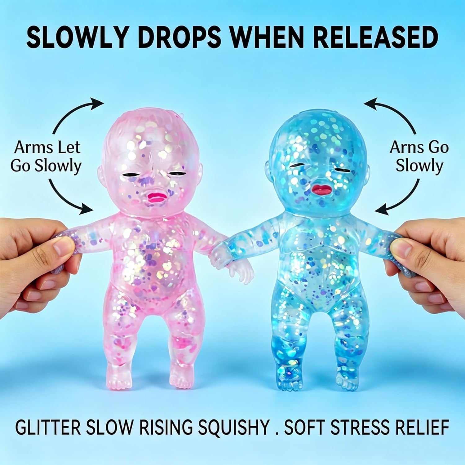 3PCS Baby Squishy Glitter Slow Rising 5.6X3In, Squishy Babies Sensory Fidget for Stress Relief, Soft Cute Squeeze Toys for Office Desk, Car Cup Holder & Travel Bag, Adults Party Gift