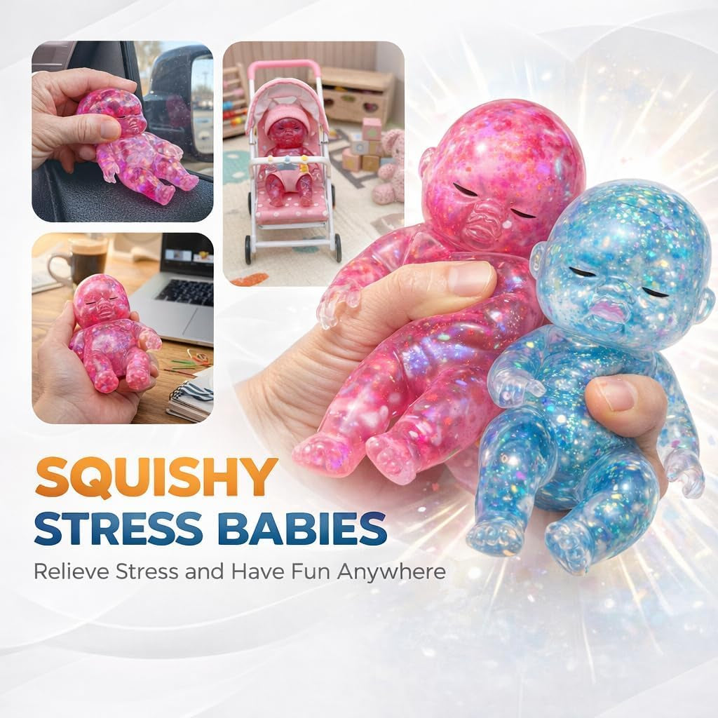 3PCS Baby Squishy Glitter Slow Rising 5.6X3In, Squishy Babies Sensory Fidget for Stress Relief, Soft Cute Squeeze Toys for Office Desk, Car Cup Holder & Travel Bag, Adults Party Gift