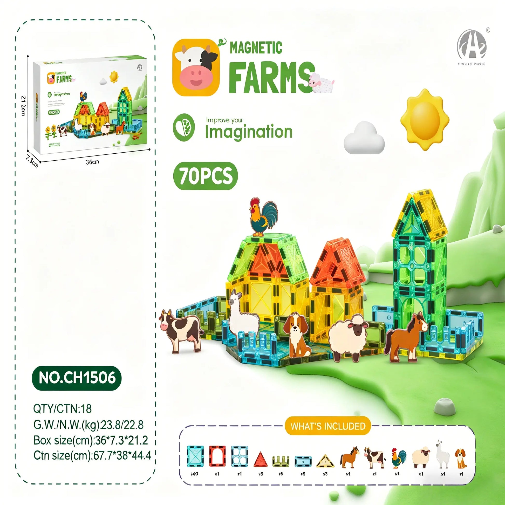 Mini Magnetic Tiles Farm Set, 70 37PCS Magnetic Building Blocks with Farm Animals & Wheelbarrow - STEM Educational Building Toys for Kids 3＋, Creative Construction Play for Toddlers, Perfect Birthday & Holiday Gift