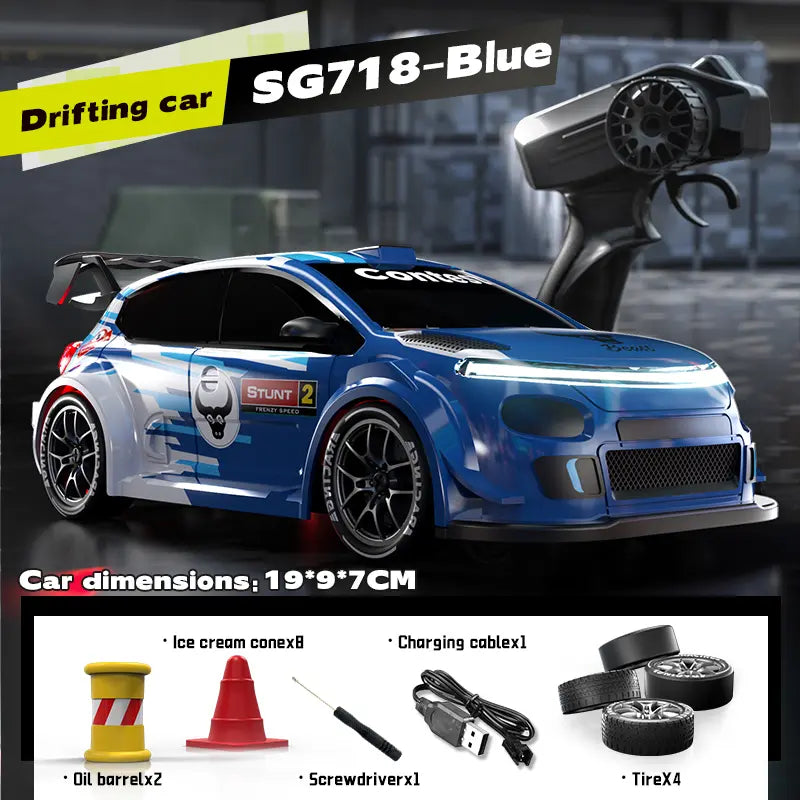 SG716 Unisex 2.4Ghz 4WD Remote Control Drift Car Toy - Adjustable Speed, LED Lights, Extra Tires, Obstacle Accessories, Included Batteries, Nitrosamine Free - Kids Racing Gift for 3-4 Years Old Rc Controlled Rc Cars