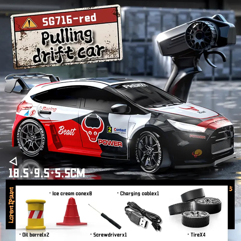 SG716 Unisex 2.4Ghz 4WD Remote Control Drift Car Toy - Adjustable Speed, LED Lights, Extra Tires, Obstacle Accessories, Included Batteries, Nitrosamine Free - Kids Racing Gift for 3-4 Years Old Rc Controlled Rc Cars