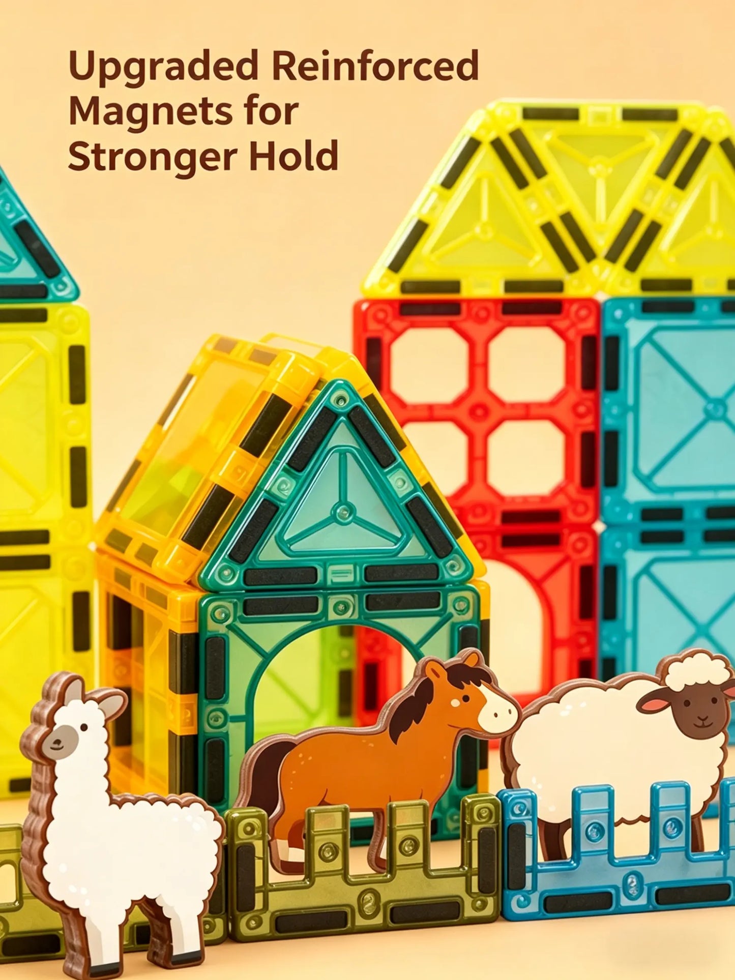 Mini Magnetic Tiles Farm Set, 70 37PCS Magnetic Building Blocks with Farm Animals & Wheelbarrow - STEM Educational Building Toys for Kids 3＋, Creative Construction Play for Toddlers, Perfect Birthday & Holiday Gift