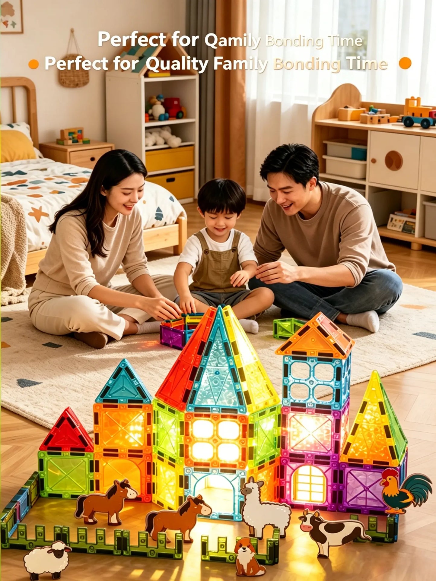 Mini Magnetic Tiles Farm Set, 70 37PCS Magnetic Building Blocks with Farm Animals & Wheelbarrow - STEM Educational Building Toys for Kids 3＋, Creative Construction Play for Toddlers, Perfect Birthday & Holiday Gift