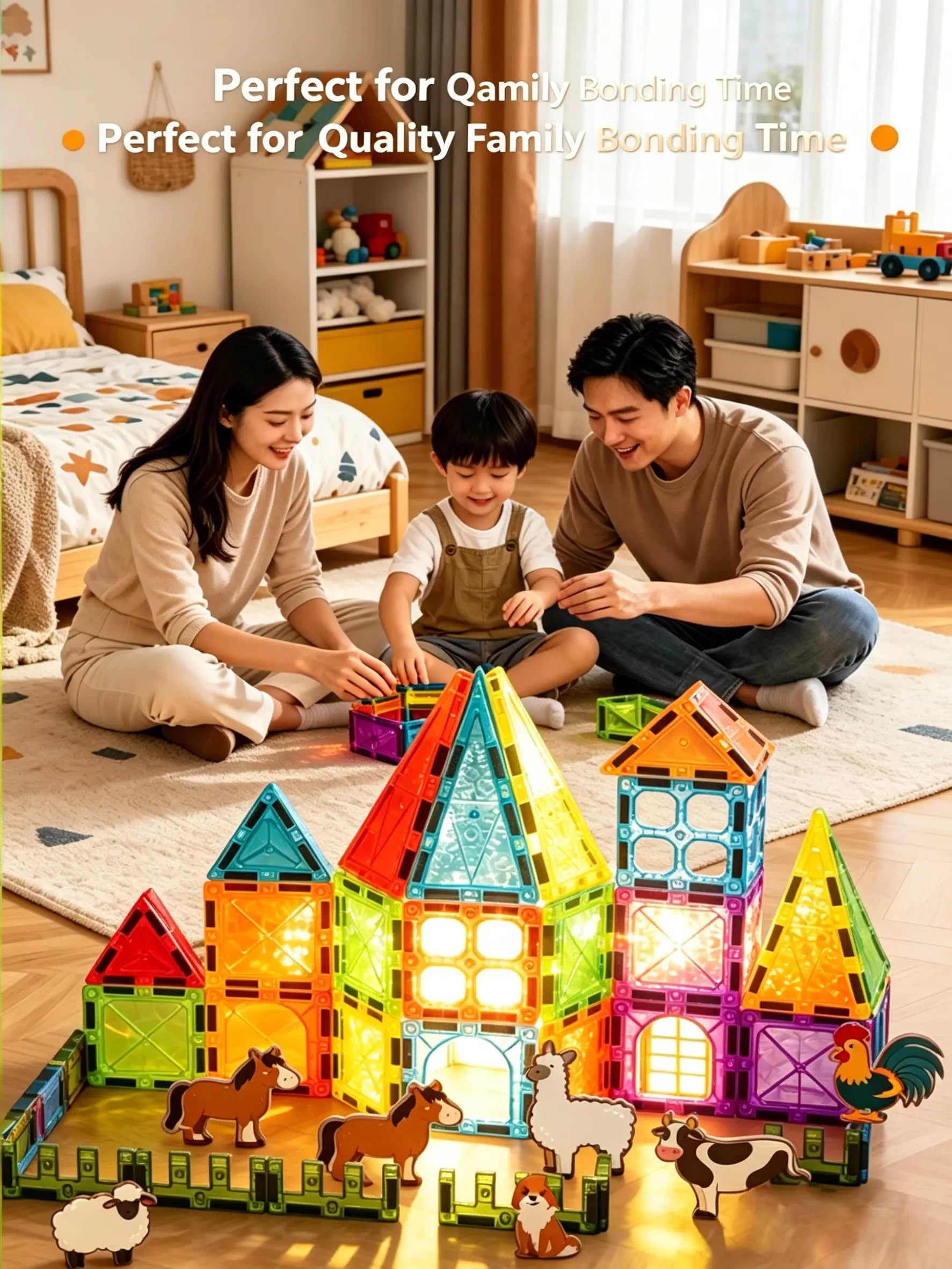 Mini Magnetic Tiles Farm Set, 70 37PCS Magnetic Building Blocks with Farm Animals & Wheelbarrow - STEM Educational Building Toys for Kids 3＋, Creative Construction Play for Toddlers, Perfect Birthday & Holiday Gift