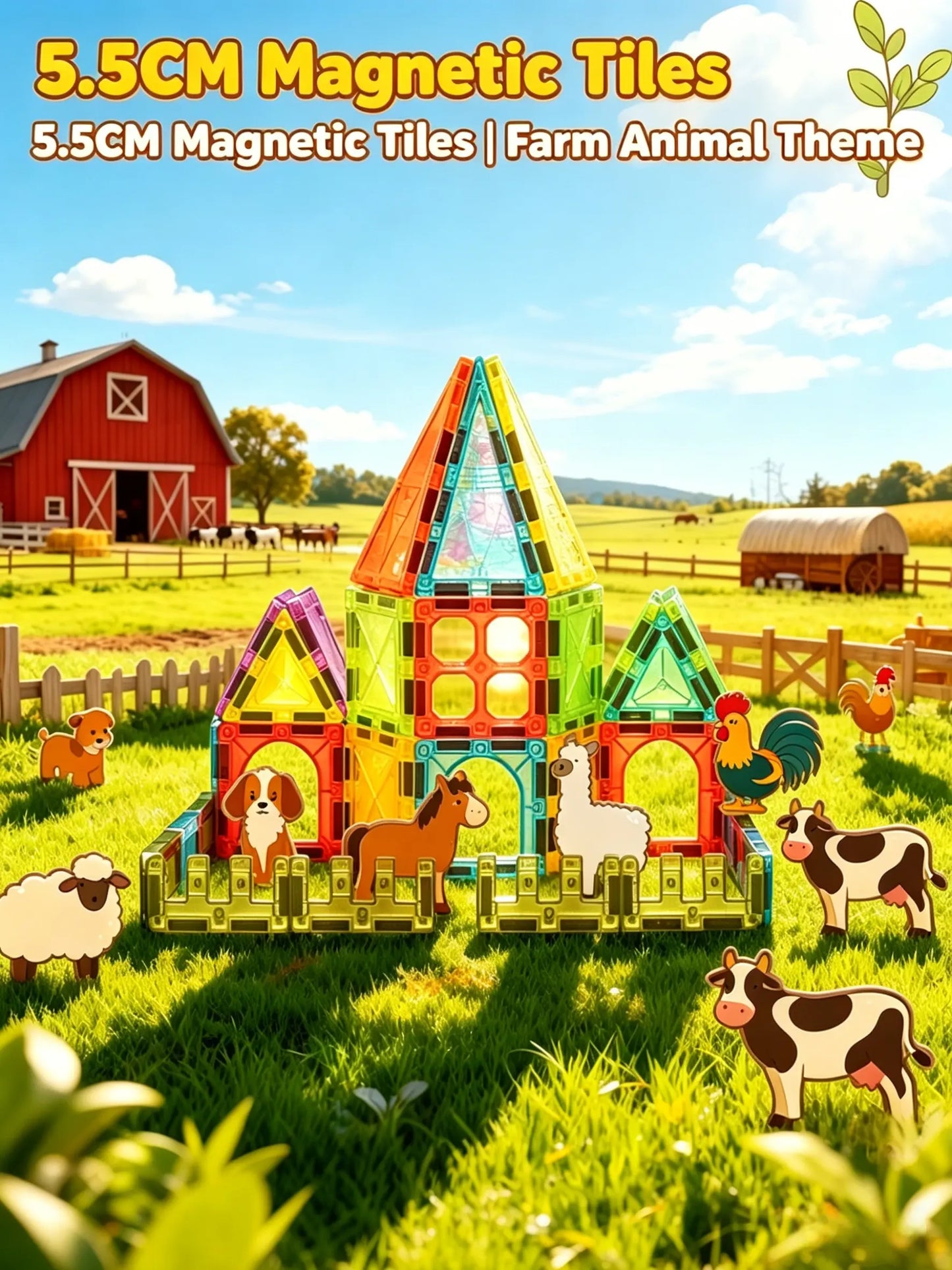 Mini Magnetic Tiles Farm Set, 70 37PCS Magnetic Building Blocks with Farm Animals & Wheelbarrow - STEM Educational Building Toys for Kids 3＋, Creative Construction Play for Toddlers, Perfect Birthday & Holiday Gift