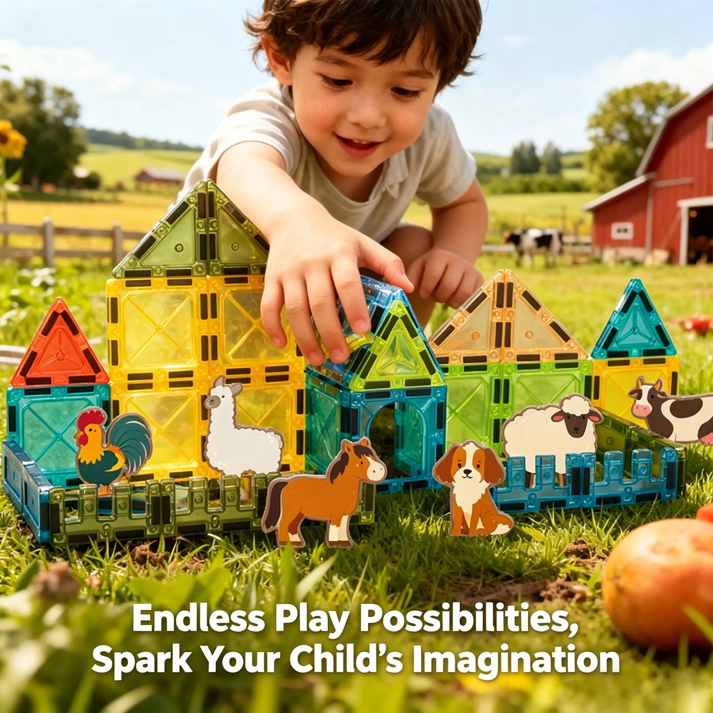 Mini Magnetic Tiles Farm Set, 70 37PCS Magnetic Building Blocks with Farm Animals & Wheelbarrow - STEM Educational Building Toys for Kids 3＋, Creative Construction Play for Toddlers, Perfect Birthday & Holiday Gift