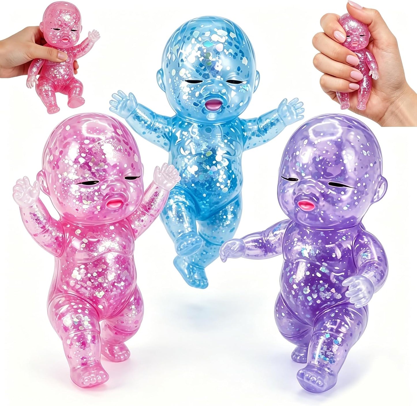 3PCS Baby Squishy Glitter Slow Rising 5.6X3In, Squishy Babies Sensory Fidget for Stress Relief, Soft Cute Squeeze Toys for Office Desk, Car Cup Holder & Travel Bag, Adults Party Gift