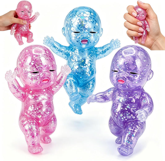 3PCS Baby Squishy Glitter Slow Rising 5.6X3In, Squishy Babies Sensory Fidget for Stress Relief, Soft Cute Squeeze Toys for Office Desk, Car Cup Holder & Travel Bag, Adults Party Gift