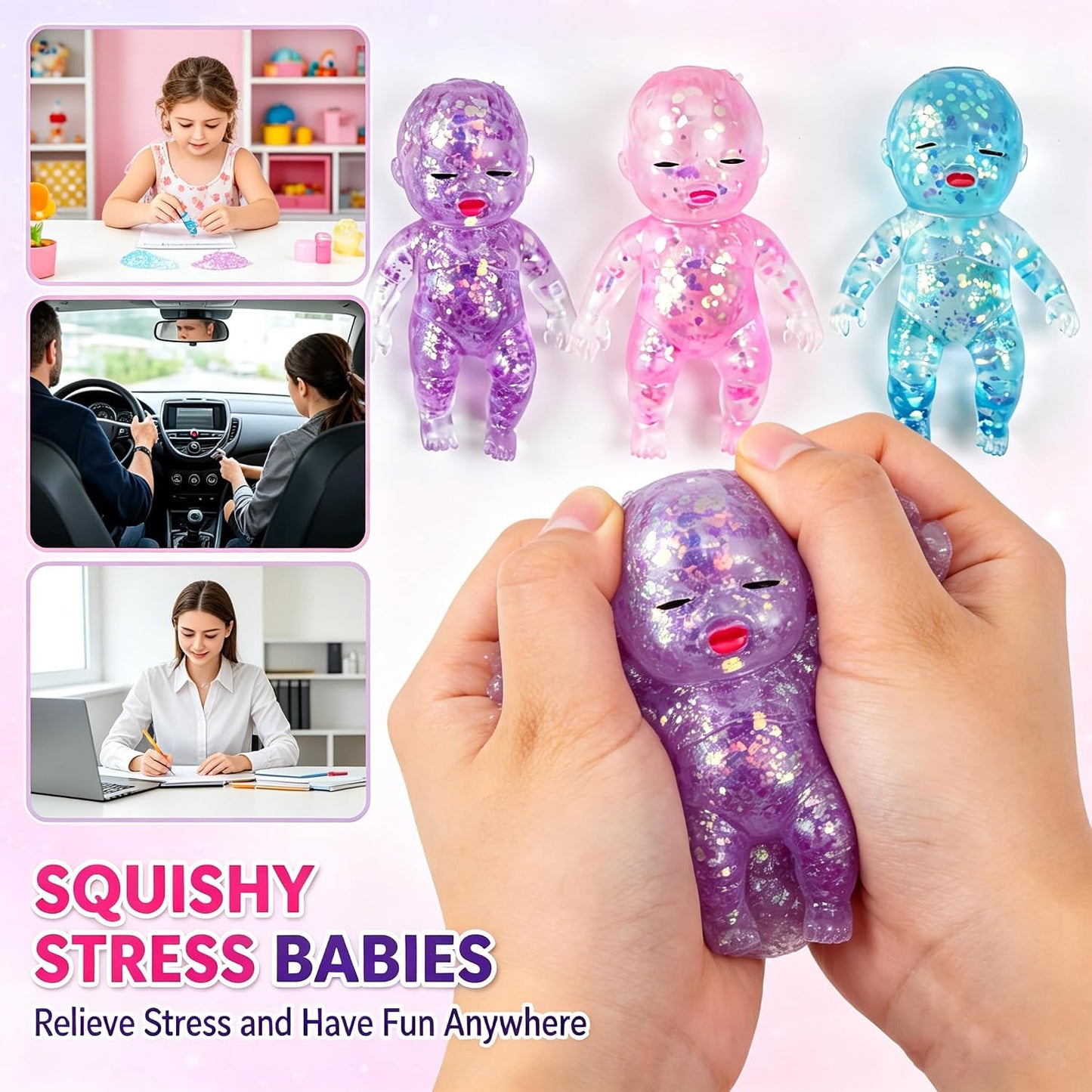 3PCS Baby Squishy Glitter Slow Rising 5.6X3In, Squishy Babies Sensory Fidget for Stress Relief, Soft Cute Squeeze Toys for Office Desk, Car Cup Holder & Travel Bag, Adults Party Gift