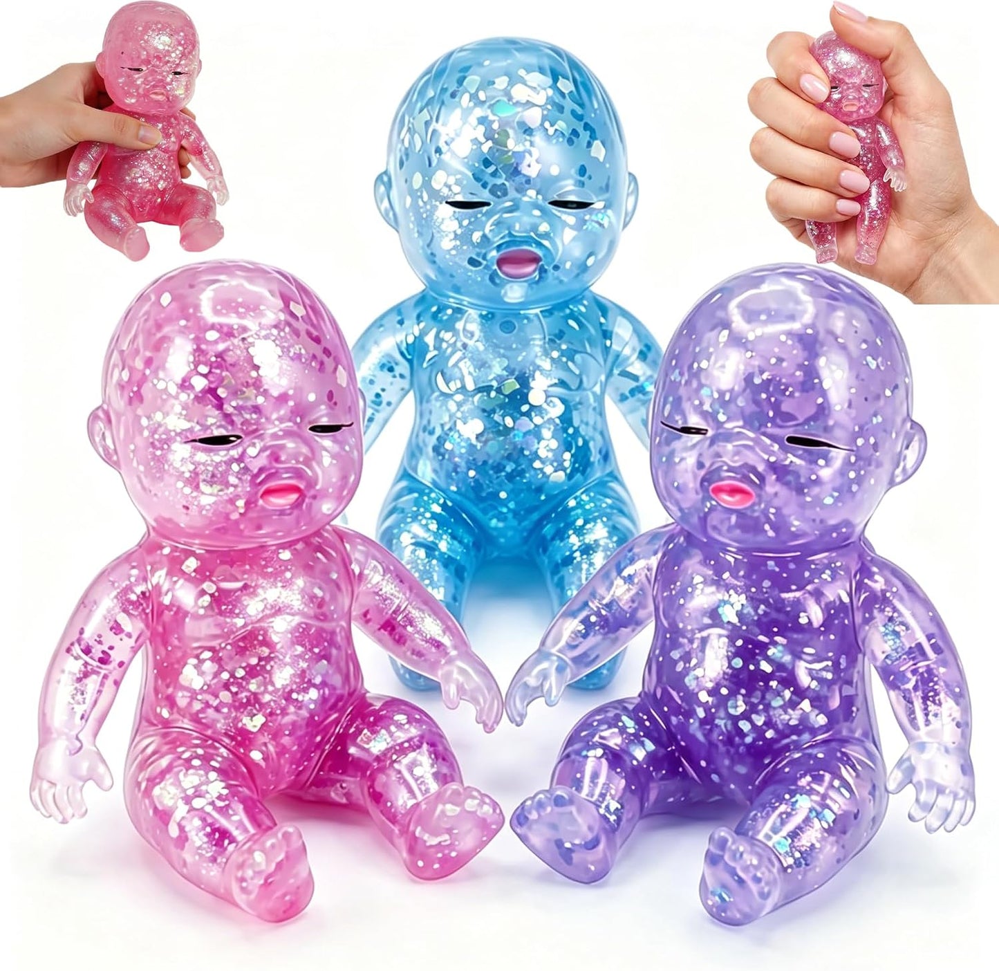 3PCS Baby Squishy Glitter Slow Rising 5.6X3In, Squishy Babies Sensory Fidget for Stress Relief, Soft Cute Squeeze Toys for Office Desk, Car Cup Holder & Travel Bag, Adults Party Gift