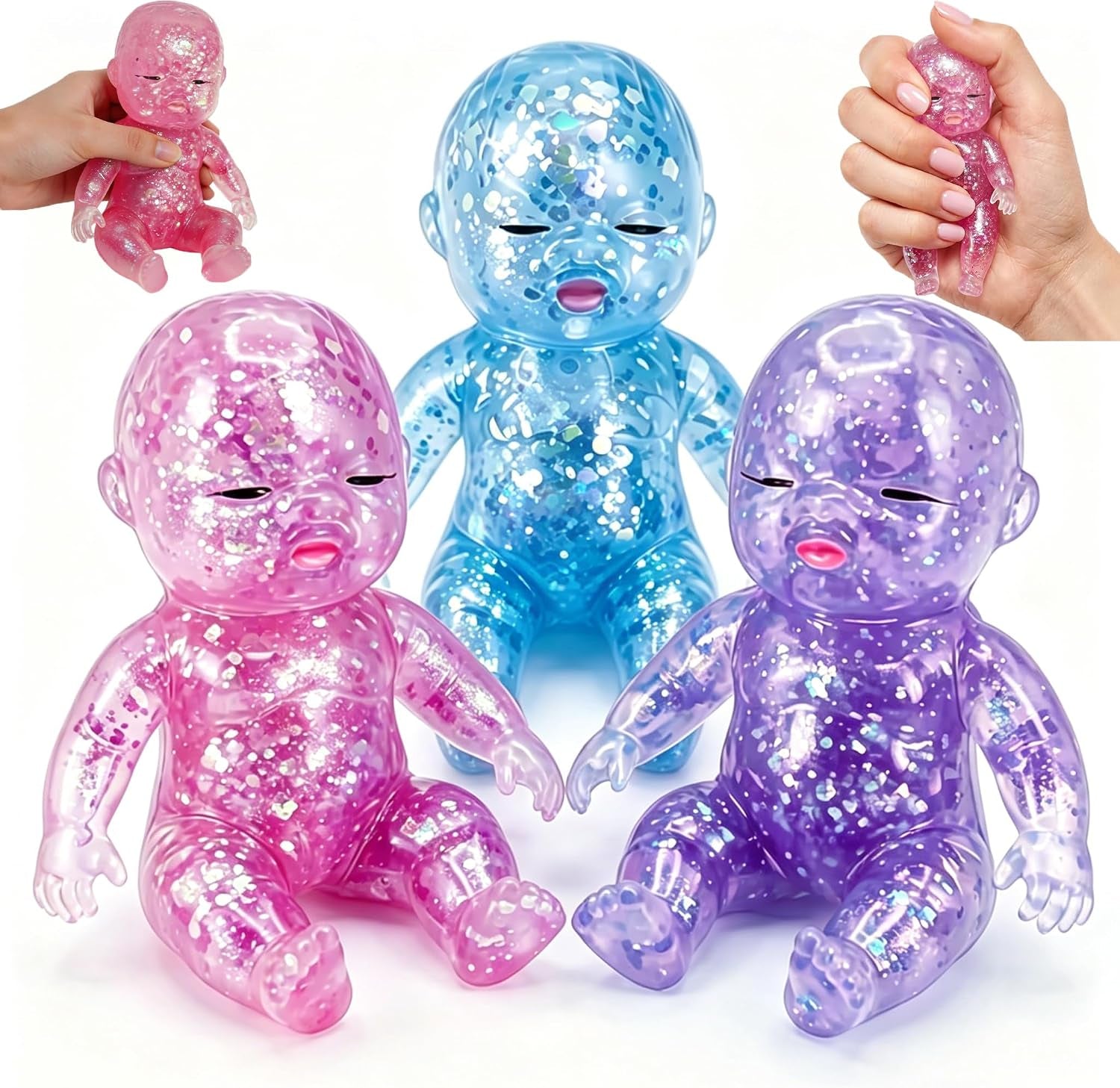 3PCS Baby Squishy Glitter Slow Rising 5.6X3In, Squishy Babies Sensory Fidget for Stress Relief, Soft Cute Squeeze Toys for Office Desk, Car Cup Holder & Travel Bag, Adults Party Gift