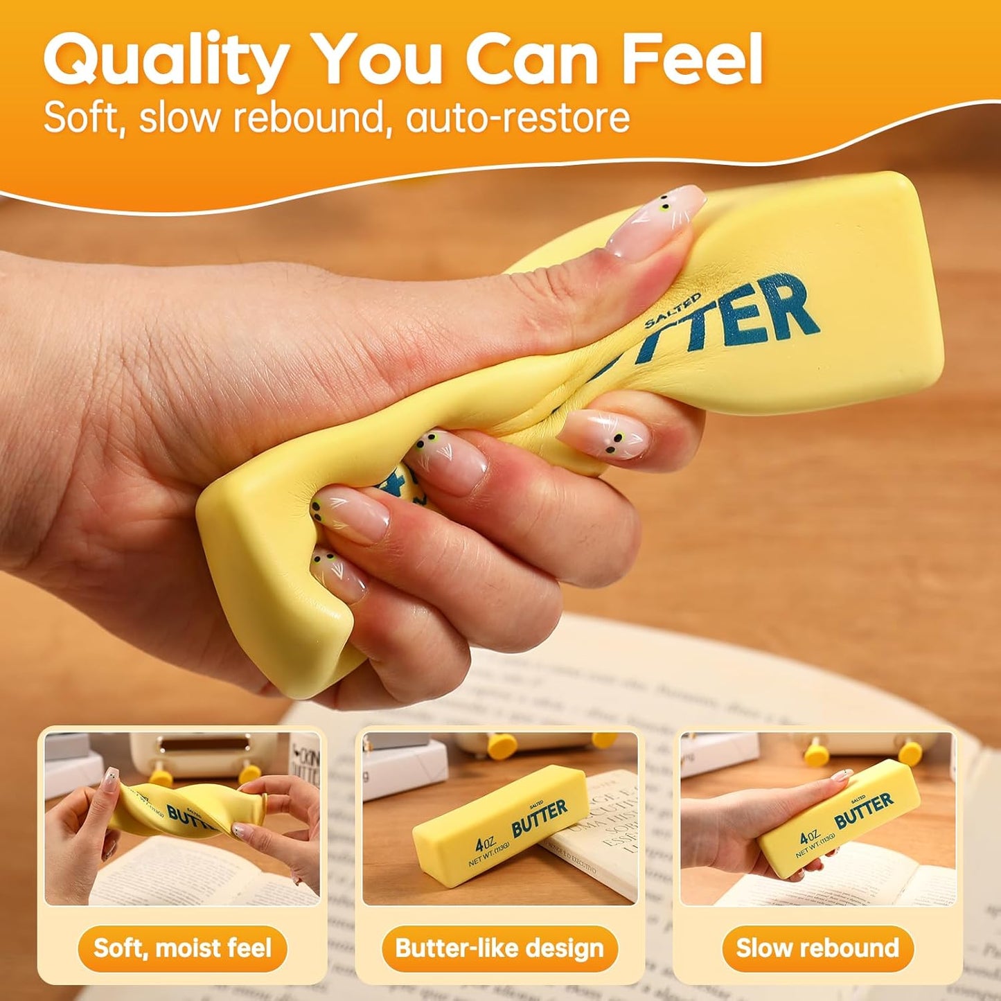 Butter Squishy Fidget Toys Slow Rising Stress Relief Toy - Realistic Butter Stick Squeeze, Soft PU Foam Fidget for Anxiety & Sensory Relief, Cute Desk Decor for Kids, School