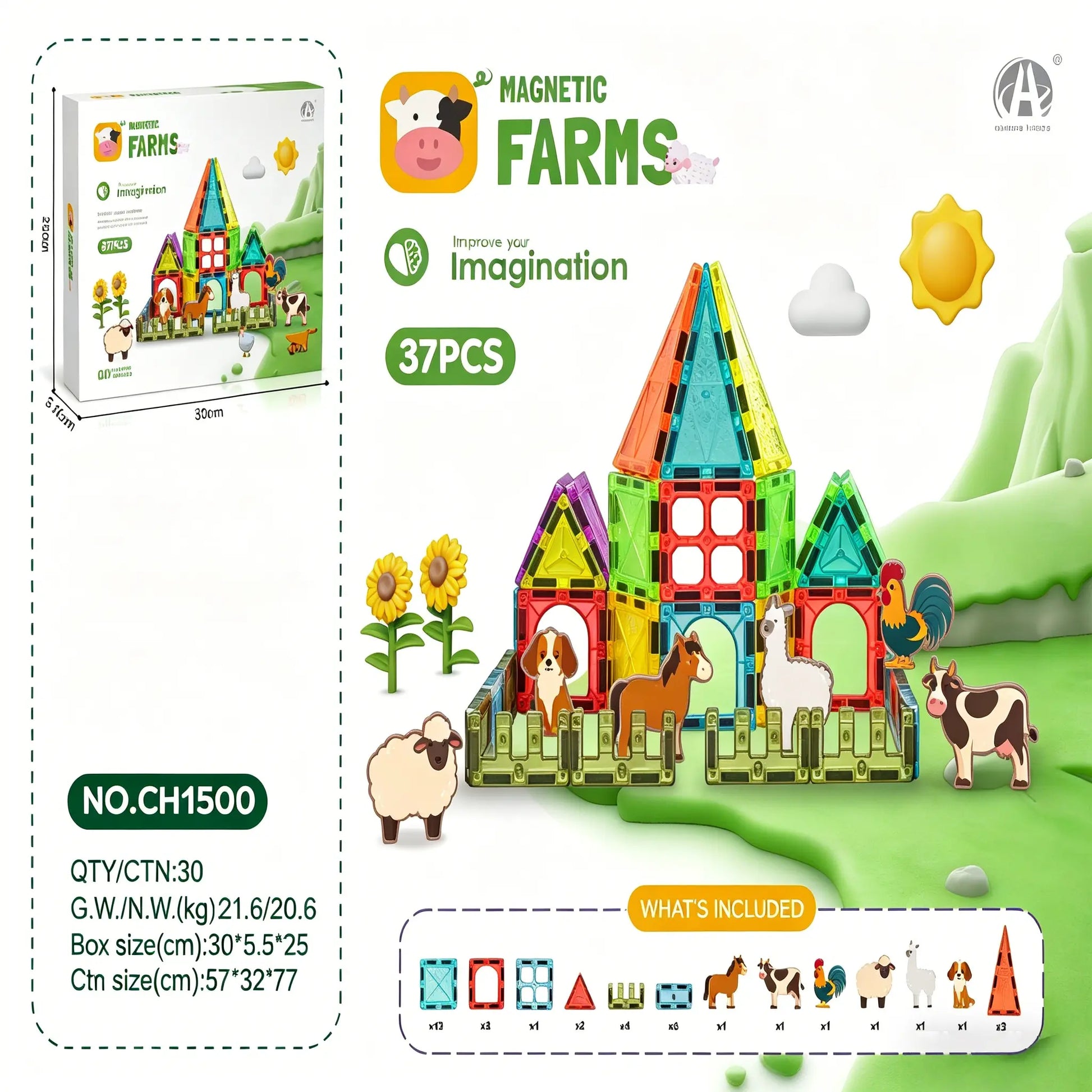 Mini Magnetic Tiles Farm Set, 70 37PCS Magnetic Building Blocks with Farm Animals & Wheelbarrow - STEM Educational Building Toys for Kids 3＋, Creative Construction Play for Toddlers, Perfect Birthday & Holiday Gift