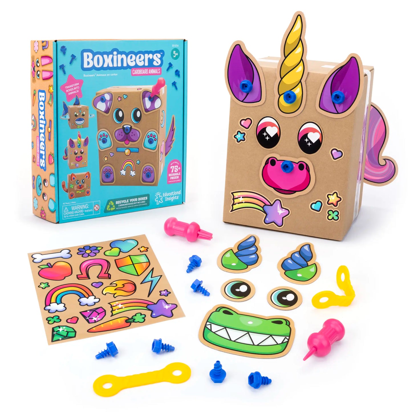 Educational Insights Boxineers Cardboard Animals and Vehicles - Creative Craft Supplies for Kids Projects, Cardboard Tools for Kids, DIY Fine Motor Activities, Kids Crafts and STEM Construction Kits