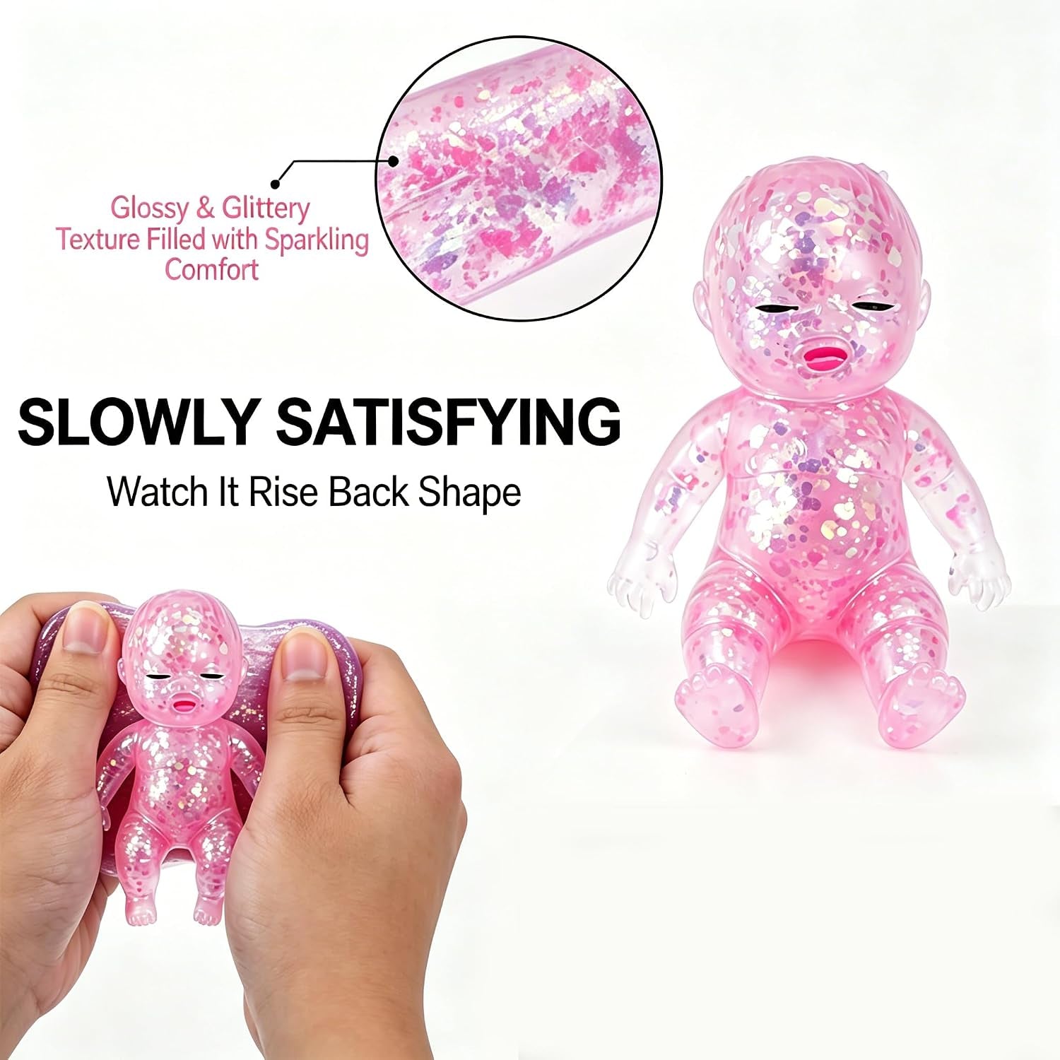 3PCS Baby Squishy Glitter Slow Rising 5.6X3In, Squishy Babies Sensory Fidget for Stress Relief, Soft Cute Squeeze Toys for Office Desk, Car Cup Holder & Travel Bag, Adults Party Gift